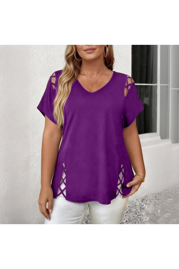 Women's Plus Size Hollow Out Blouse, Short Sleeve V Neck Casual Summer Top, Breathable Office Wear for Warm Weather or Smart Casual, Purple - XL