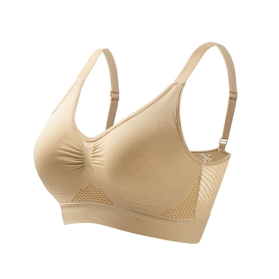 Women's Plus Size Hollow Out Mesh Sports Bra Wirefree Seamless Thin Padded Yoga Fitness Activewear Beige