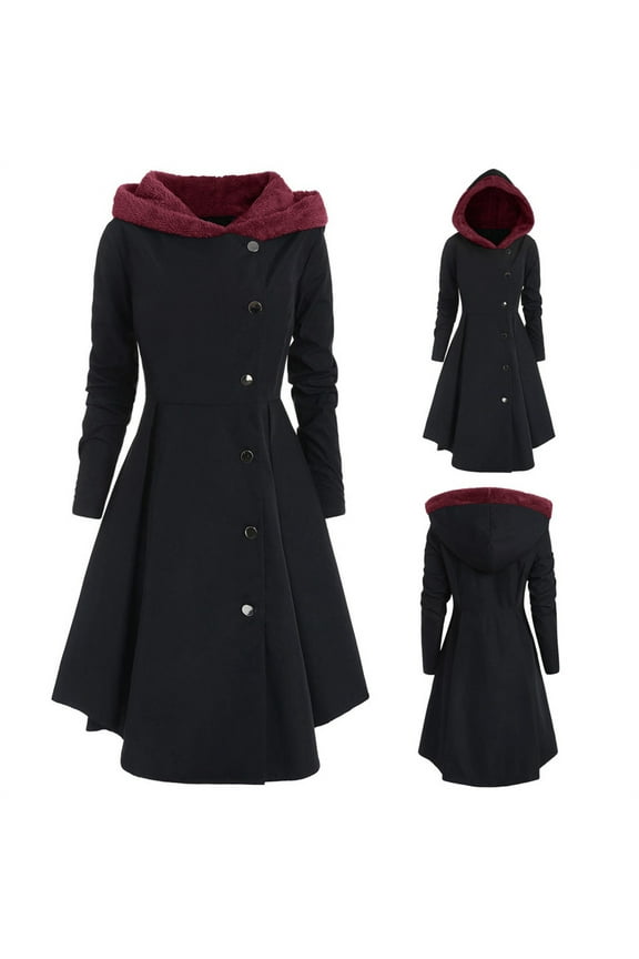 Women's Plus Size Hooded Coat, Asymmetrical Button Front Trench, Draped Hem Fleece Lined Jacket, Long Sleeve Winter Coat, Oversized Duster Black XXL