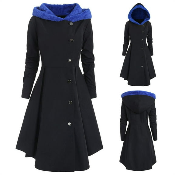 Women's Plus Size Hooded Coat, Asymmetrical Button Front Trench, Draped Hem Fleece Lined Jacket, Long Sleeve Winter Coat, Oversized Duster Blue XXL