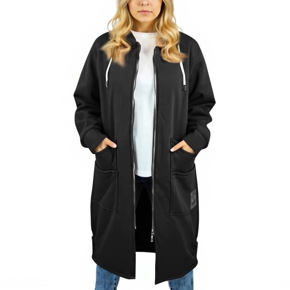 Women's Plus Size Hooded Jacket, Fashion Casual Long Sleeve Solid Color Outerwear, Warm Cozy Daily Coat, Black, L