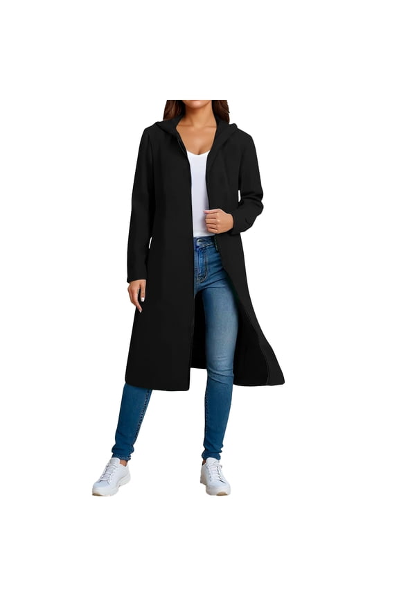 Women's Plus Size Hooded Jacket, Fashion Casual Long Sleeve Solid Color Outerwear, Warm Cozy Daily Coat, Black, XL