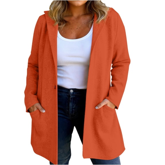 Women's Plus Size Hooded Jacket, Fashion Casual Long Sleeve Solid Color Outerwear, Warm Cozy Daily Coat, Orange, XXXXL