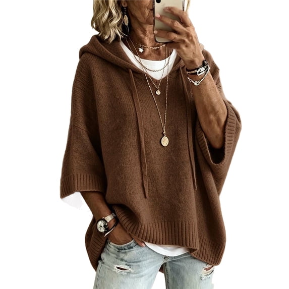 Women's Plus Size Hooded Knit Sweater Oversized V Neck 3/4 Batwing Sleeve Drawstring Hoodies Loose Tunic Pullover Winter Layering Tops Brown