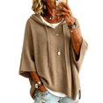 thumbnail image 1 of Women's Plus Size Hooded Knit Sweater Oversized V Neck 3/4 Batwing Sleeve Drawstring Hoodies Loose Tunic Pullover Winter Layering Tops Khaki, 1 of 5