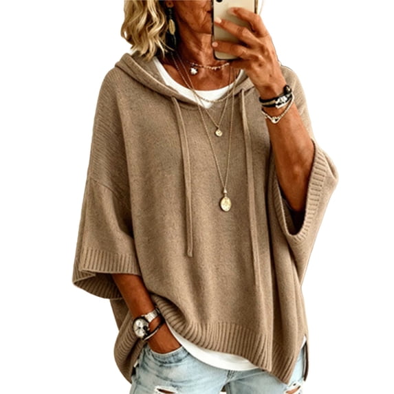 Women's Plus Size Hooded Knit Sweater Oversized V Neck 3/4 Batwing Sleeve Drawstring Hoodies Loose Tunic Pullover Winter Layering Tops Khaki