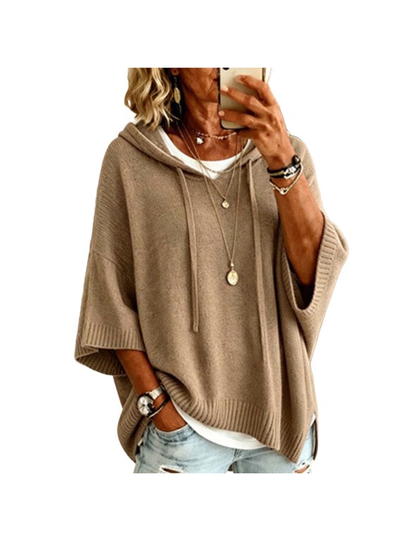 Women's Plus Size Hooded Knit Sweater Oversized V Neck 3/4 Batwing Sleeve Drawstring Hoodies Loose Tunic Pullover Winter Layering Tops Khaki