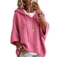 thumbnail image 1 of Women's Plus Size Hooded Knit Sweater Oversized V Neck 3/4 Batwing Sleeve Drawstring Hoodies Loose Tunic Pullover Winter Layering Tops Pink, 1 of 5