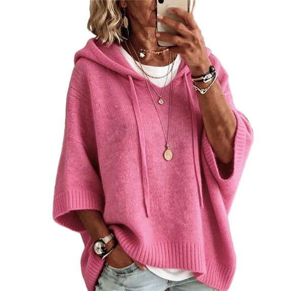 Women's Plus Size Hooded Knit Sweater Oversized V Neck 3/4 Batwing Sleeve Drawstring Hoodies Loose Tunic Pullover Winter Layering Tops Pink