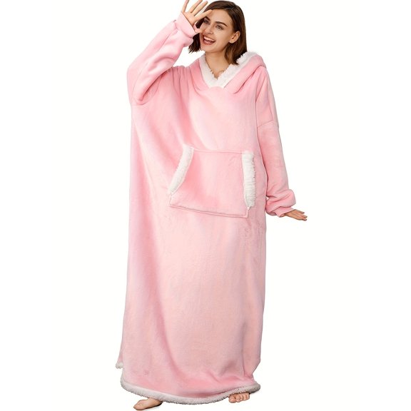 Women's Plus Size Hooded Robe with Pocket, Oversized Wearable Blanket, Flannel Sherpa Loungewear, Cozy Fleece Robe for Pet Owners, Holds Small Dogs & Cats