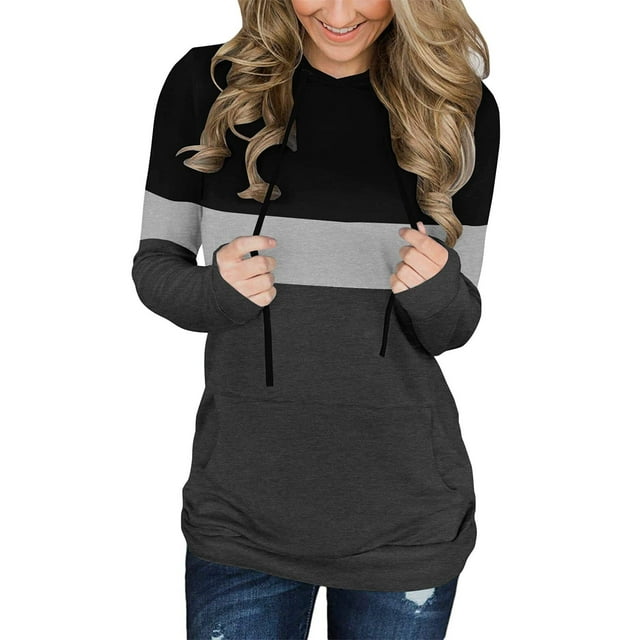Women's Plus Size Hooded Sweatshirts Color Block Long Sleeve Pullover