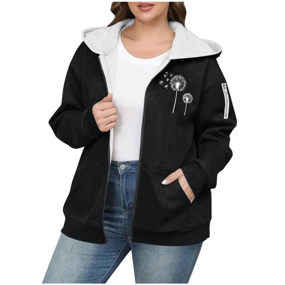Women's Plus Size Hooded Sweatshirts Printed Graphic Long Sleeve Fleece Lined Zipper Jacket Coat with Pockets (3XL, Black)