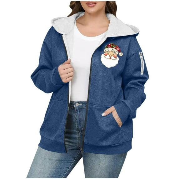 Women's Plus Size Hooded Sweatshirts Printed Graphic Long Sleeve Fleece Lined Zipper Jacket Coat with Pockets (XL, Navy)