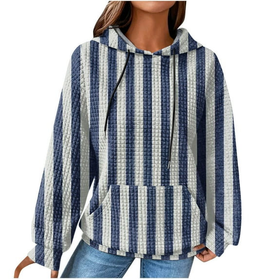 Women's Plus Size Hooded Sweatshirts Trendy Striped Printed Crew Neck Drawstring Long Sleeve Waffle Tops with Pockets(Dark Blue,M)