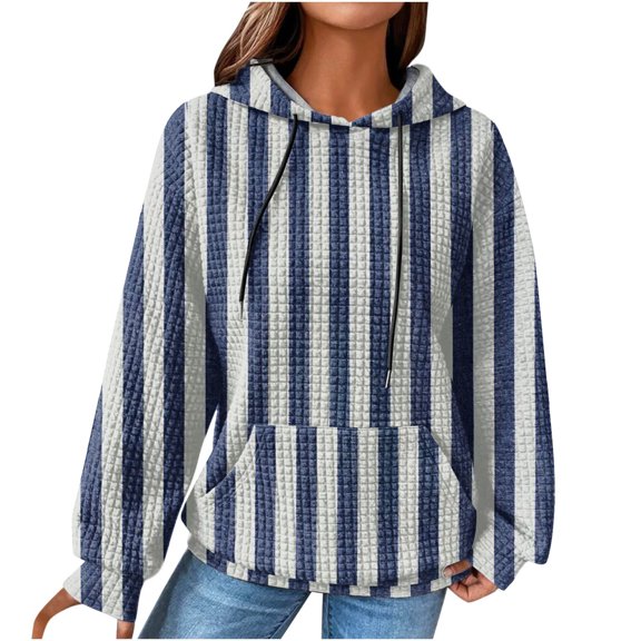 Women's Plus Size Hooded Sweatshirts Trendy Striped Printed Crew Neck Drawstring Long Sleeve Waffle Tops with Pockets(Dark Blue,XL)