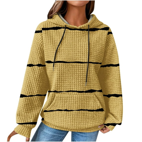 Women's Plus Size Hooded Sweatshirts Trendy Striped Printed Crew Neck Drawstring Long Sleeve Waffle Tops with Pockets(Yellow,XL)