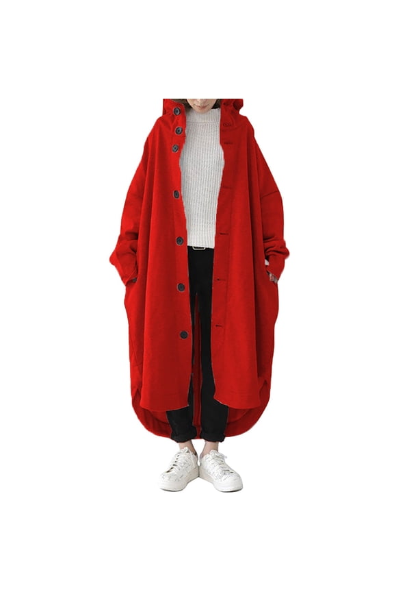 Women's Plus Size Hooded Trench Coat, Casual Long Jacket, Lightweight Spring Fall Coat, Loose Fit Outerwear, Everyday Long Sleeve Coat Red XXL