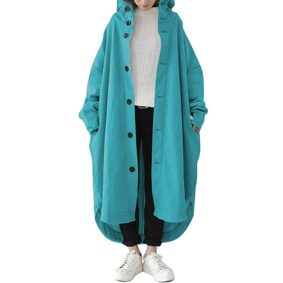 Women's Plus Size Hooded Trench Coat, Casual Long Jacket, Lightweight Spring Fall Coat, Loose Fit Outerwear, Everyday Long Sleeve Coat Sky Blue XXXXXL