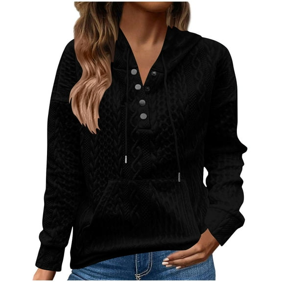 Women's-Plus-Size-Hoodies Buttons Collar Hooded Sweatshirts Drawstring Pullover Tops with Kangaroo Pocket