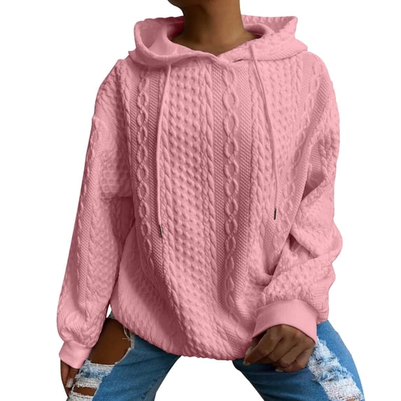 Women's Plus Size Hoodies Drawstring Long Sleeve Drop Shoulder Textured Pullover Sweatshirt Pink S