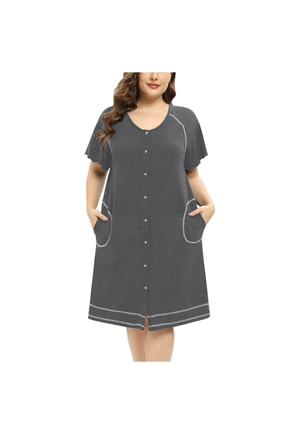 Women's Plus Size House Dress Button Front Housecoat Robe Duster Ruffle Short Sleeve Nightgwon with Pockets, Oversized Loose Casual Nightshirt, Short Nightdress, XL-4XL