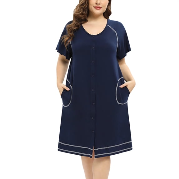 Women's Plus Size House Dress Button Front Housecoat Robe Duster Ruffle Short Sleeve Nightgwon with Pockets, Oversized Loose Casual Nightshirt, Short Nightdress, XL-4XL