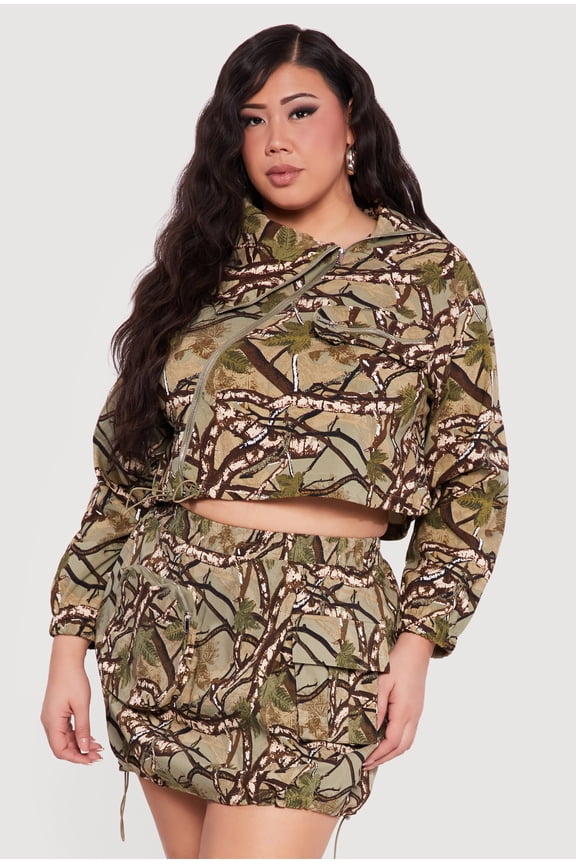 Women's Plus Size Hunter Camo Zip Front Drawstring Hem Jacket
