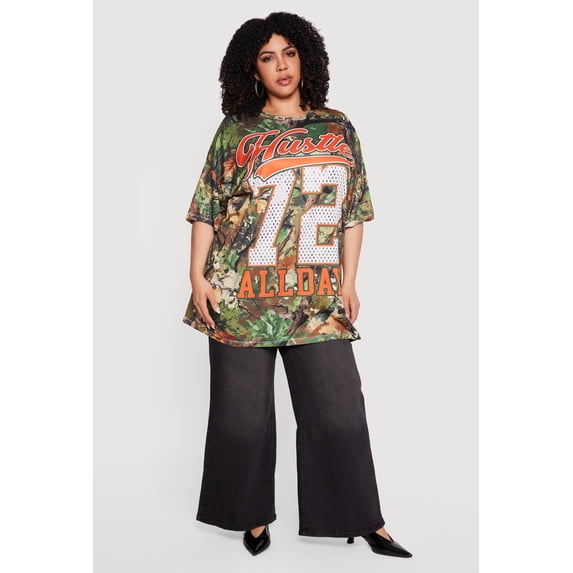 Women's Plus Size Hustle All Day 72 Graphic Hunter Camo Oversized Tee