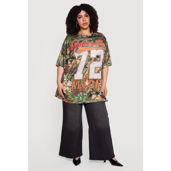 Women's Plus Size Hustle All Day 72 Graphic Hunter Camo Oversized Tee