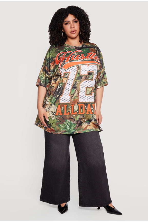 Women's Plus Size Hustle All Day 72 Graphic Hunter Camo Oversized Tee