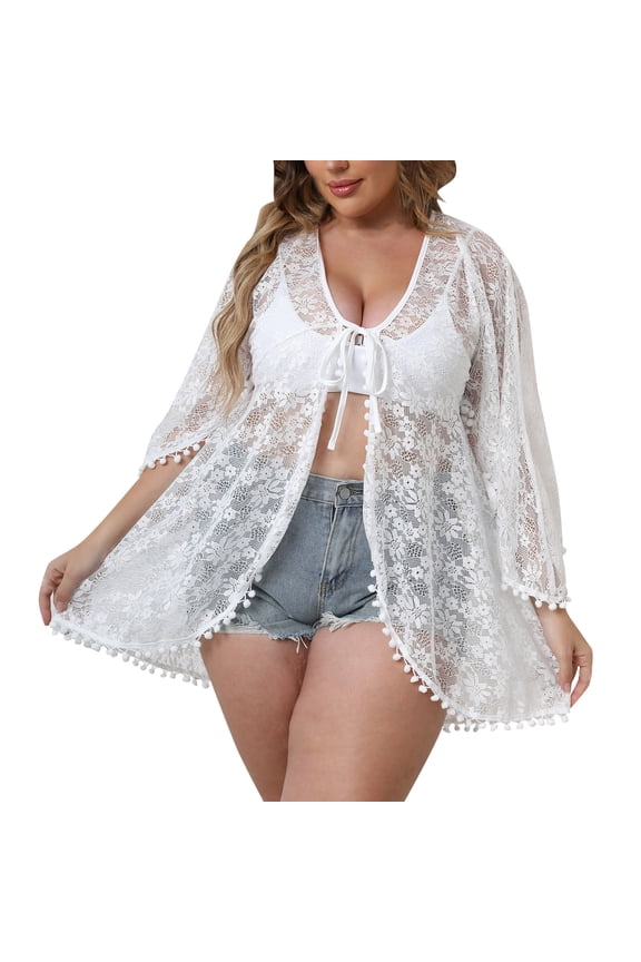 Women's Plus Size Irregular Cardigan Cover Up – 2026 Sexy See Through Lace Shirt, Tie Front Sun Protection Jacket For Seaside Vacation & Daily Wear