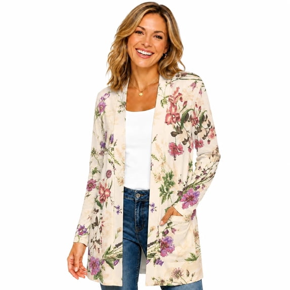Women's Plus Size Ivory Botanical Cardigan, Long Sleeve Open Front Tunic with Pockets