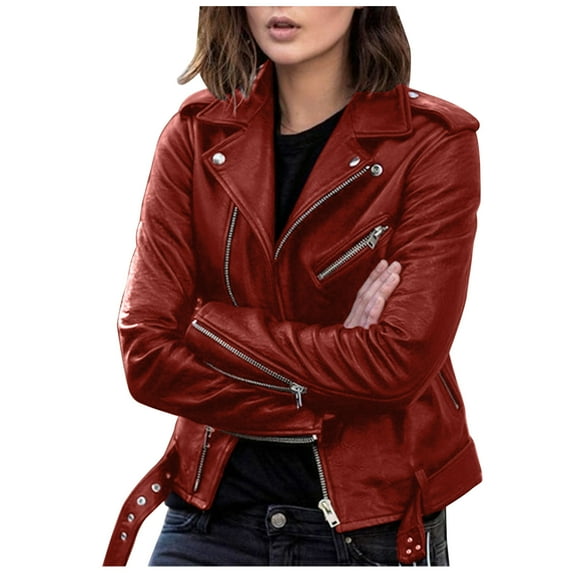 Women's Plus Size Jacket Long Sleeve Zipper Fitted Artificial Leather Coat Fall Short Jacket Slim Coat XXXXXL