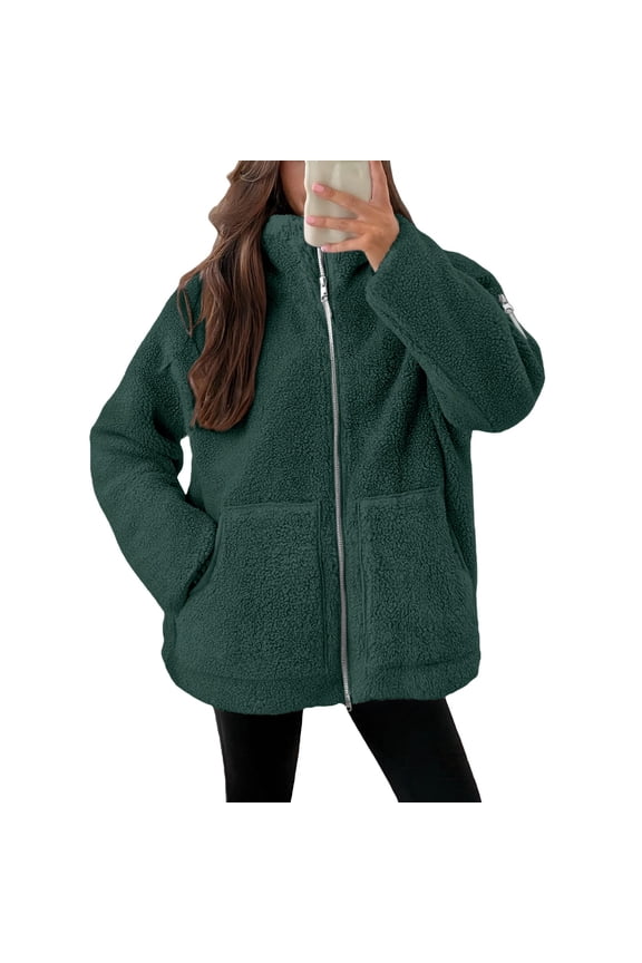 Women's Plus Size Jacket with Sleeve Zip Pockets, Fleece Lined Warm Winter Coat with Utility Pockets, Thick Plush Outerwear for Women, Casual Long Sleeve Jacket with Unique Sleeve Storage Bronze S