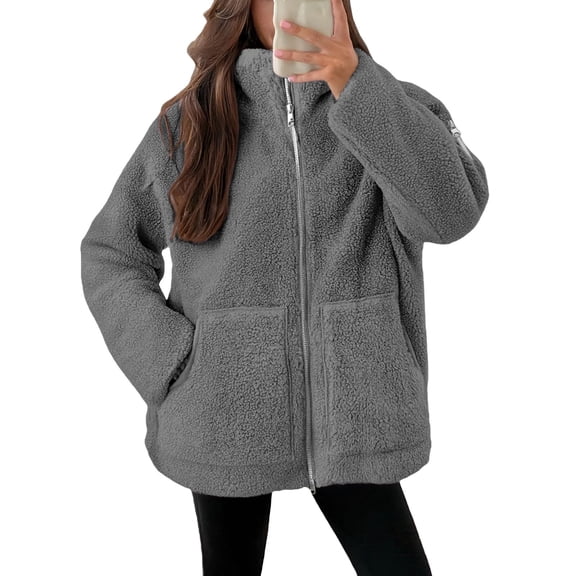 Women's Plus Size Jacket with Sleeve Zip Pockets, Fleece Lined Warm Winter Coat with Utility Pockets, Thick Plush Outerwear for Women, Casual Long Sleeve Jacket with Unique Sleeve Storage Dark Gray M
