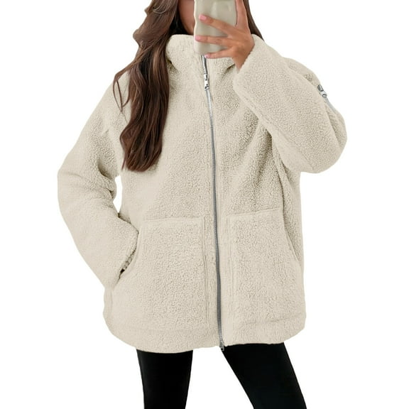 Women's Plus Size Jacket with Sleeve Zip Pockets, Fleece Lined Warm Winter Coat with Utility Pockets, Thick Plush Outerwear for Women, Casual Long Sleeve Jacket with Unique Sleeve Storage White S