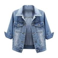 thumbnail image 1 of Women's Plus Size Jean Jacket Washed Front Frayed Classic Denim Jacket 3/4 Sleeve Button Down Lapel Coat with Pockets, 1 of 9