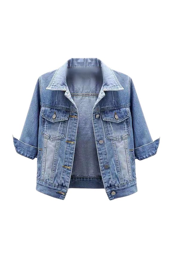 Women's Plus Size Jean Jacket Washed Front Frayed Classic Denim Jacket 3/4 Sleeve Button Down Lapel Coat with Pockets