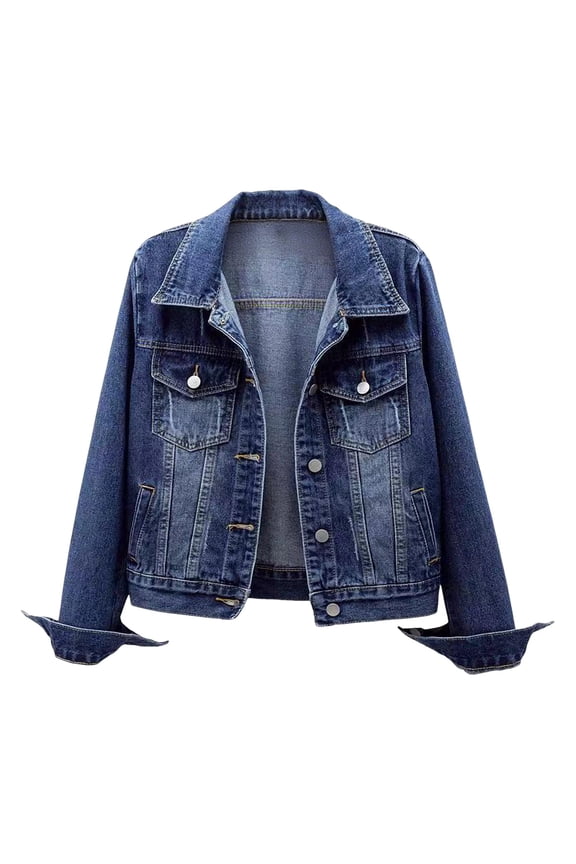 Women's Plus Size Jean Jacket Washed Front Frayed Classic Denim Jacket Long Sleeve Button Down Lapel Coat with Pockets