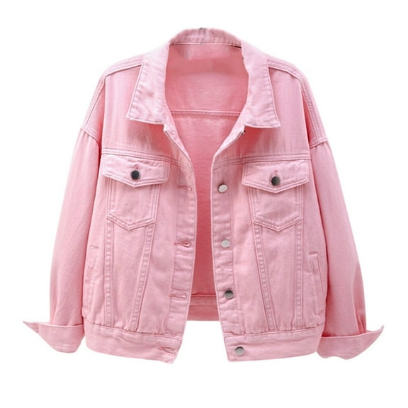 Women's Plus Size Jean Jacket Washed Front Frayed Classic Denim Jacket Long Sleeve Button Down Lapel Coat with Pockets