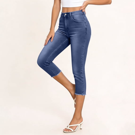 Women's Plus Size Jeans Capris with Pockets Solid Elastic High Waisted Summer Fashion Straight Leg Hem Pants