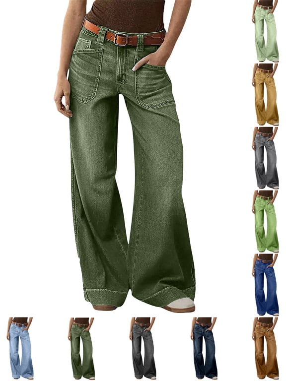 Women's Plus Size Jeans High Waist Pocket Wide Leg Flared Skinny Button Trousers Denim Pants For Women 4-20 Dark Blue,4