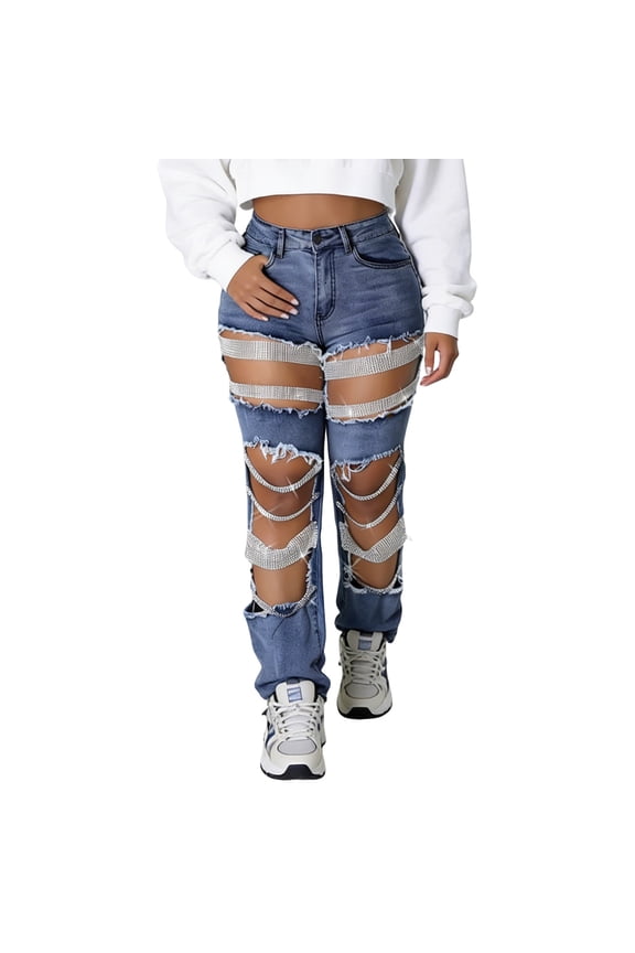 Women's Plus Size Jeans, Mid Waist Ripped Rhinestone Stretch Jeans, Loose Fit Distressed Denim Pants with Pockets, Oversized Hole Embellished Streetwear Jeans Dark Blue S