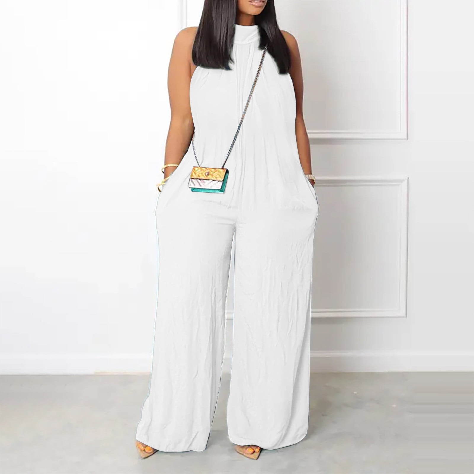 Plus Size Women Summer Casual Pure Color Cotton Jumpsuits