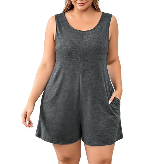 Women's Plus Size Jumpsuits Casual Sleeveless Short Overalls Pleated Front Rompers Summer Loose Fit One Piece Outfits with Pockets