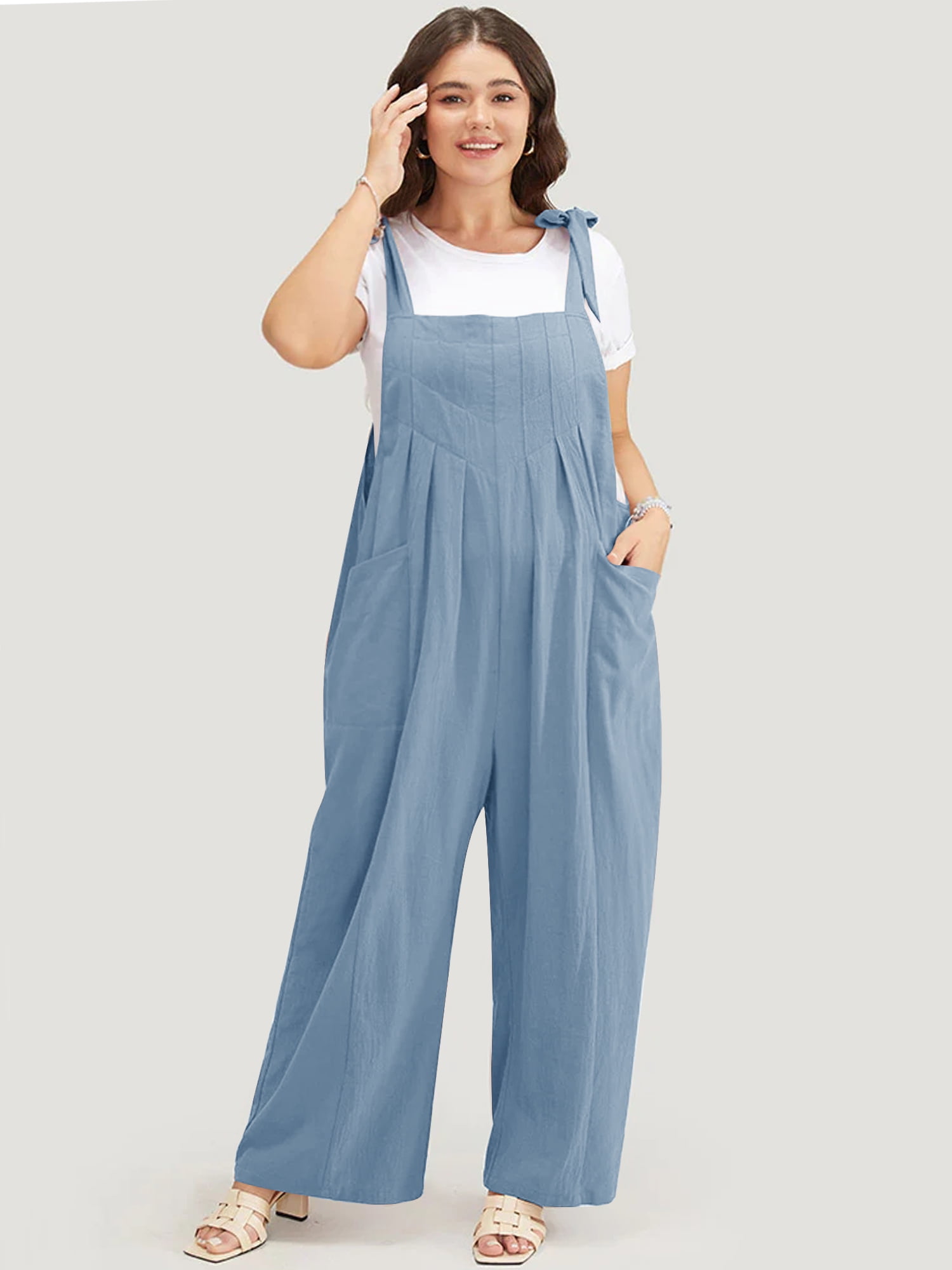 Women's Plus Size Jumpsuits Sleeveless Loose Linen Overalls Knotted ...