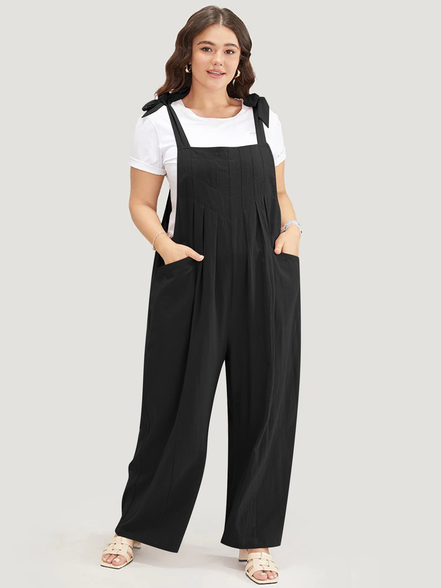 Women's Plus Size Jumpsuits Sleeveless Loose Linen Overalls Knotted Shoulder Jumpsuit with
