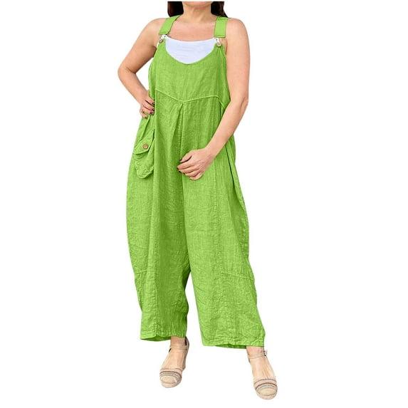 Women's Plus Size Jumpsuits Womens Baggy Overalls Loose Casual Boho Linen Jumpsuit Wide Leg Bib Overalls with Pockets Casual Rompers for Women Green M