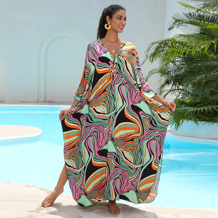 chinese dress ladies Flower Plus Size Long Beach Red Kaftan Dress Bsubseach 7172-2 / One Size main image 0
