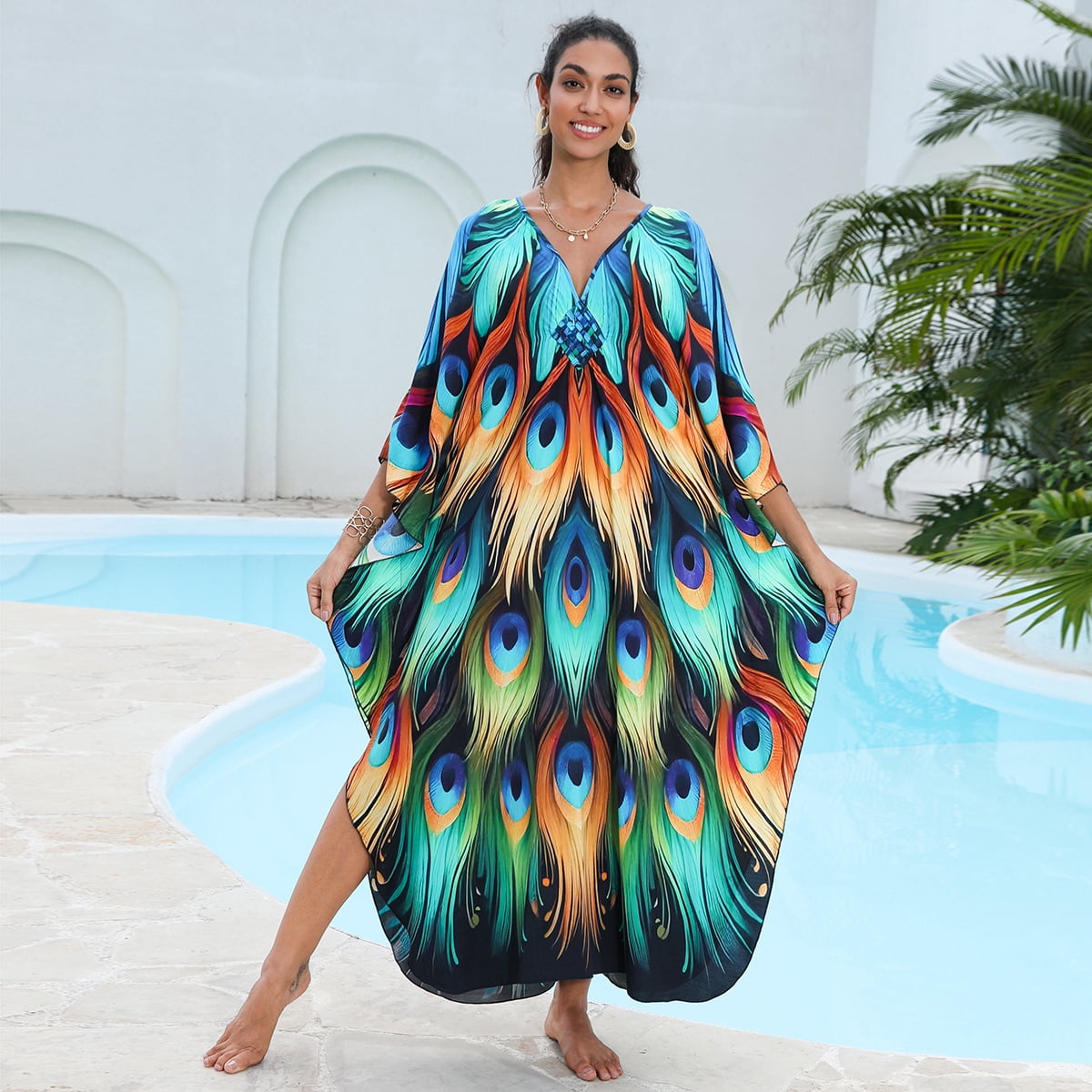 Women's Plus Size Kaftan Dress – Plus Size Maxi Dress Moo Moos Beach Cover Up,Bathing Suit Cover-Up Loungewear